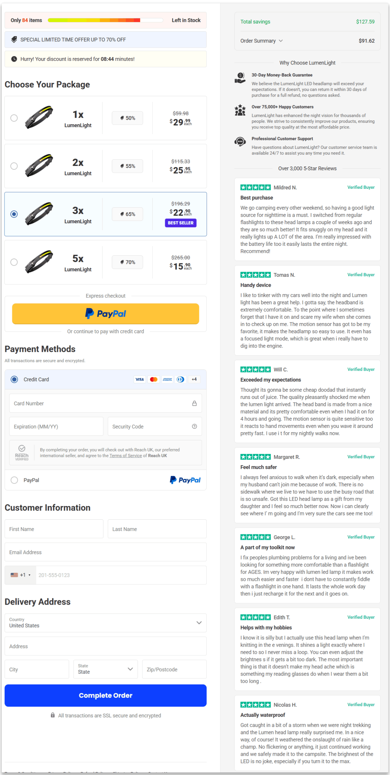 LumenLight LED Headlamp secure checkout page